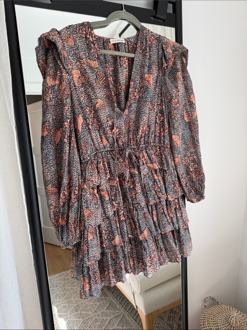 Ulla Johnson Pink and Gray Floral Tiered Mini Dress
